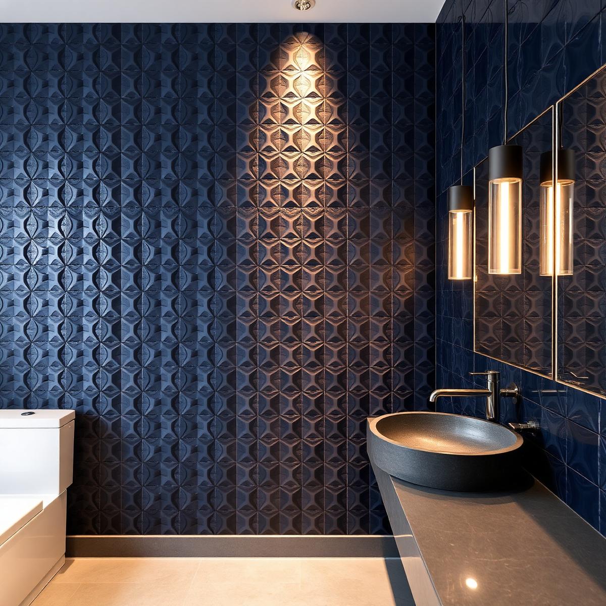 Navy 3D geometric tile accent wall