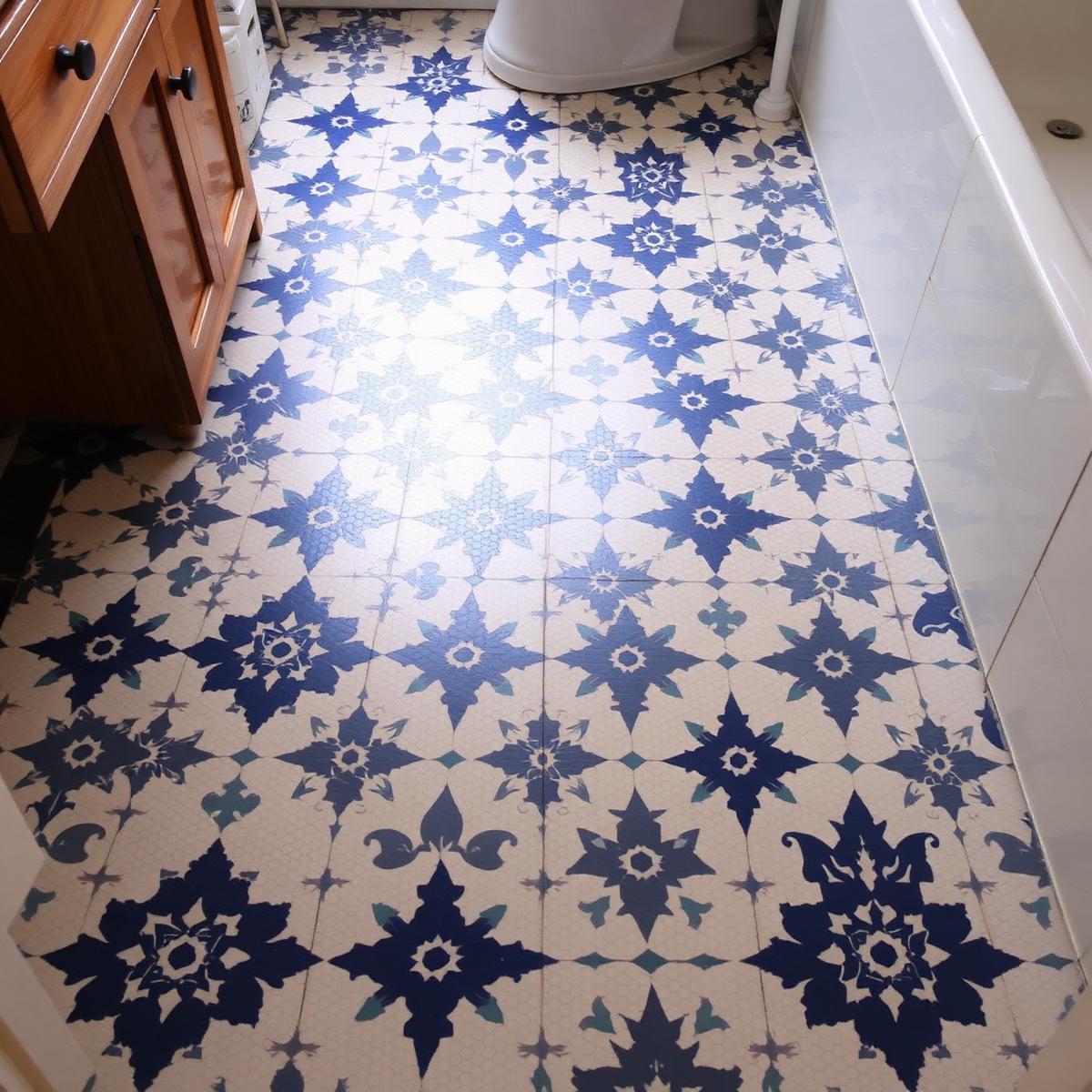 Patterned cement tile bathroom floor